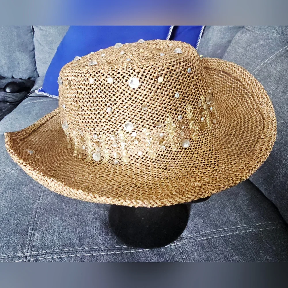Eric Javits Straw Western Sun Hat with Shell and Sequin Trim - Natural